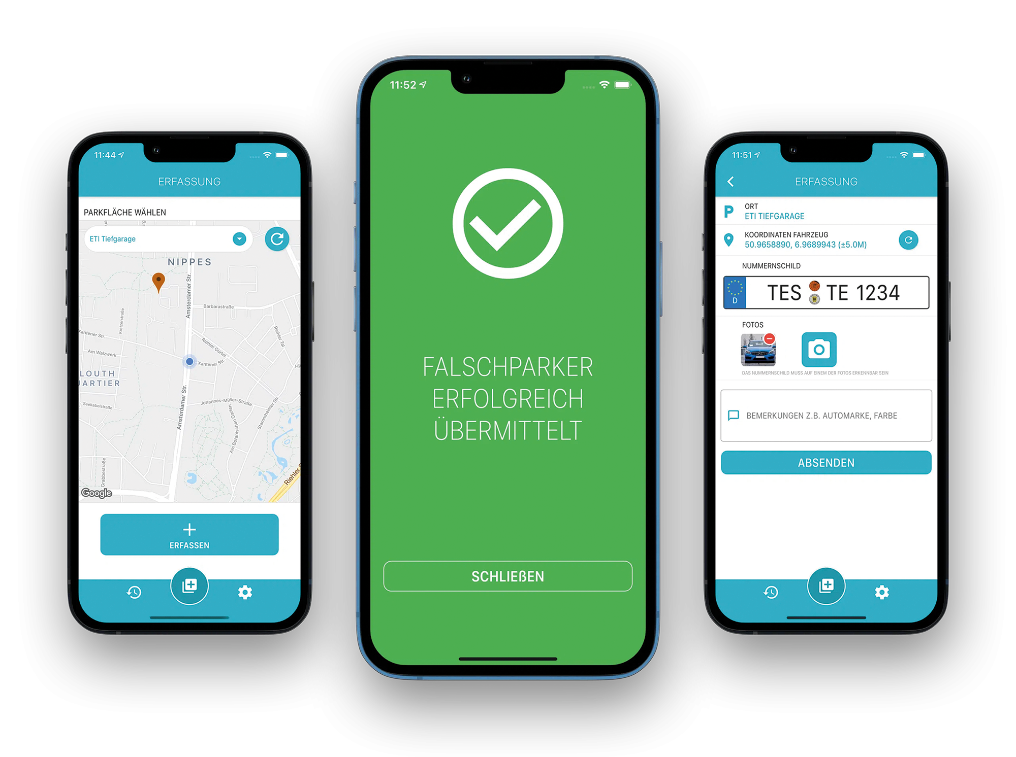 Drei Smartphones zeigen eine Parkraummanagement-App zur Meldung von Falschparkern. Die Bildschirme zeigen eine Karte, ein deutsches Bestätigungshäkchen und ein Eingabeformular mit Kennzeichenangaben und Foto-Upload-Optionen.