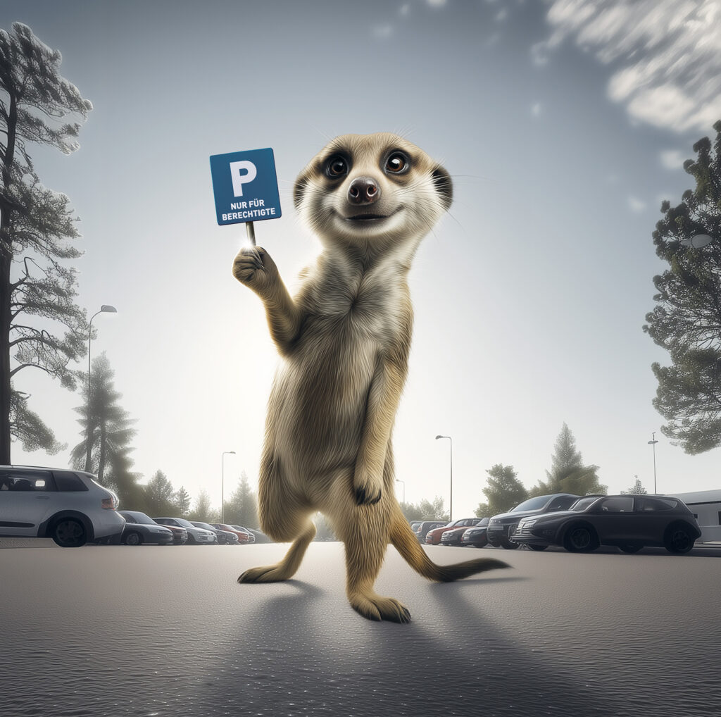 Erdmännchen mit Schild in der Hand auf einem Parkplatz