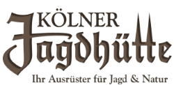Logo with stylized text reading "Kölner Jagdhütte" and the slogan "Ihr Ausrüster für Jagd & Natur" below, all in brown lettering on a light background.