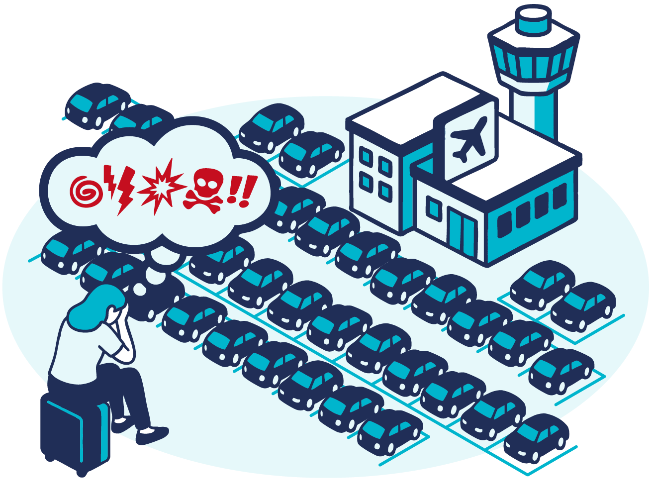 Illustration of a frustrated person sitting on luggage outside an airport, with a thought bubble showing angry symbols, surrounded by a crowded parking lot—highlighting challenges similar to medical practice parking management.