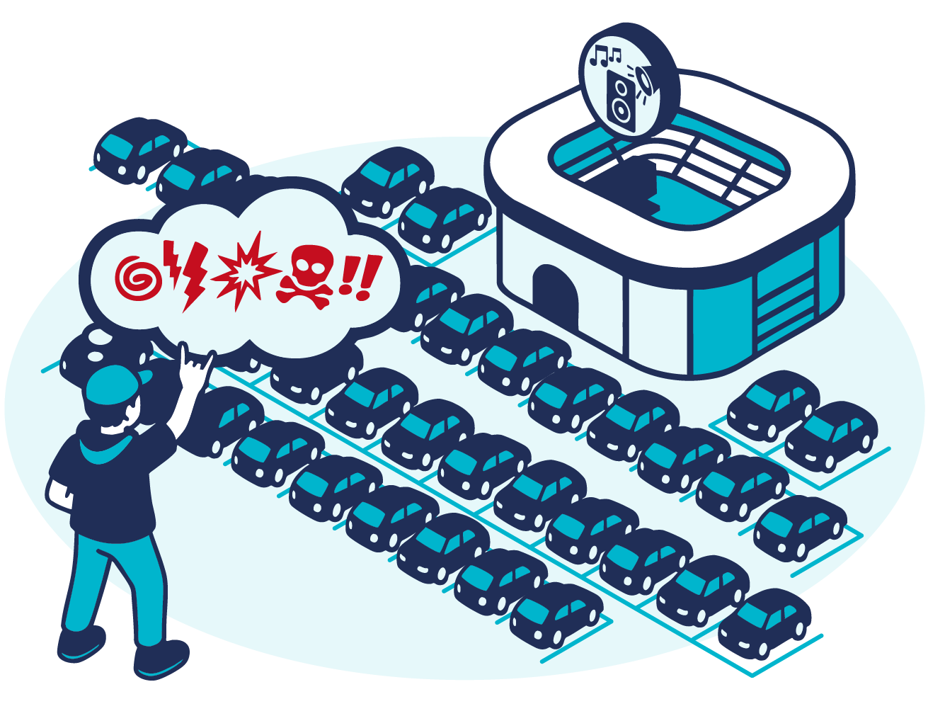A person stands next to a parking lot full of cars outside a stadium, angrily gesturing at the noise. Music notes and speakers highlight the chaos, illustrating frustrations that can arise without effective medical practice parking management.
