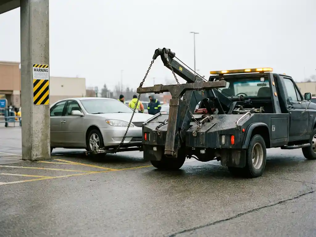 Abschleppwagen hakt silbernen Pkw in einem Parkverbot-Bereich auf, Warnschild an Betonsäule sichtbar.