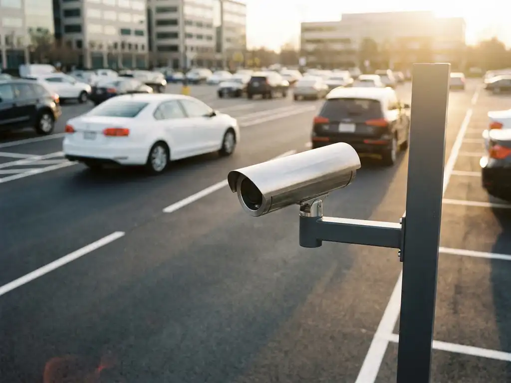 ANPR-Kamera auf modernem Mast überwacht schrankenlosem Parkplatz mit mehreren Fahrzeugen bei Nachmittagssonne.