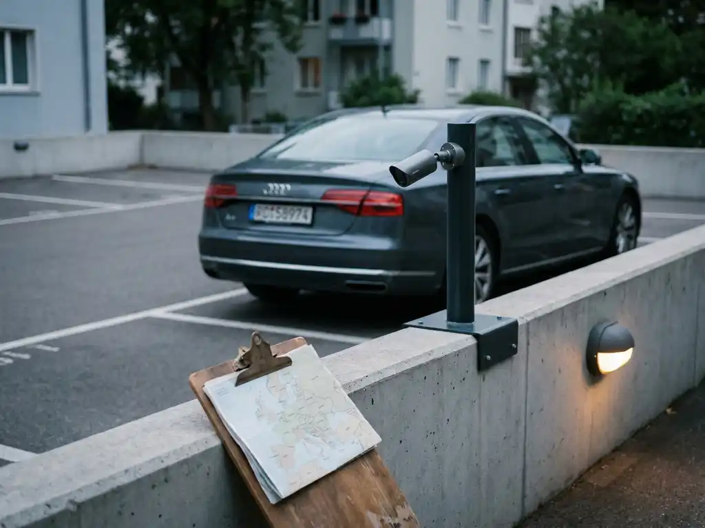 Ausländisches Fahrzeug parkt unberechtigt auf Privatparkplatz, Überwachungskamera erfasst das Kennzeichen in Nahaufnahme.