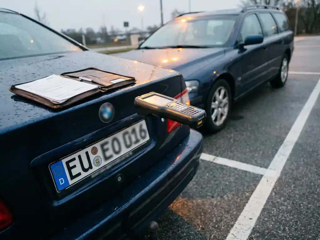 Handscanner erfasst das Kennzeichen eines europäischen Fahrzeugs auf einem privaten Parkplatz, Dokumentenmappe auf der Motorhaube.