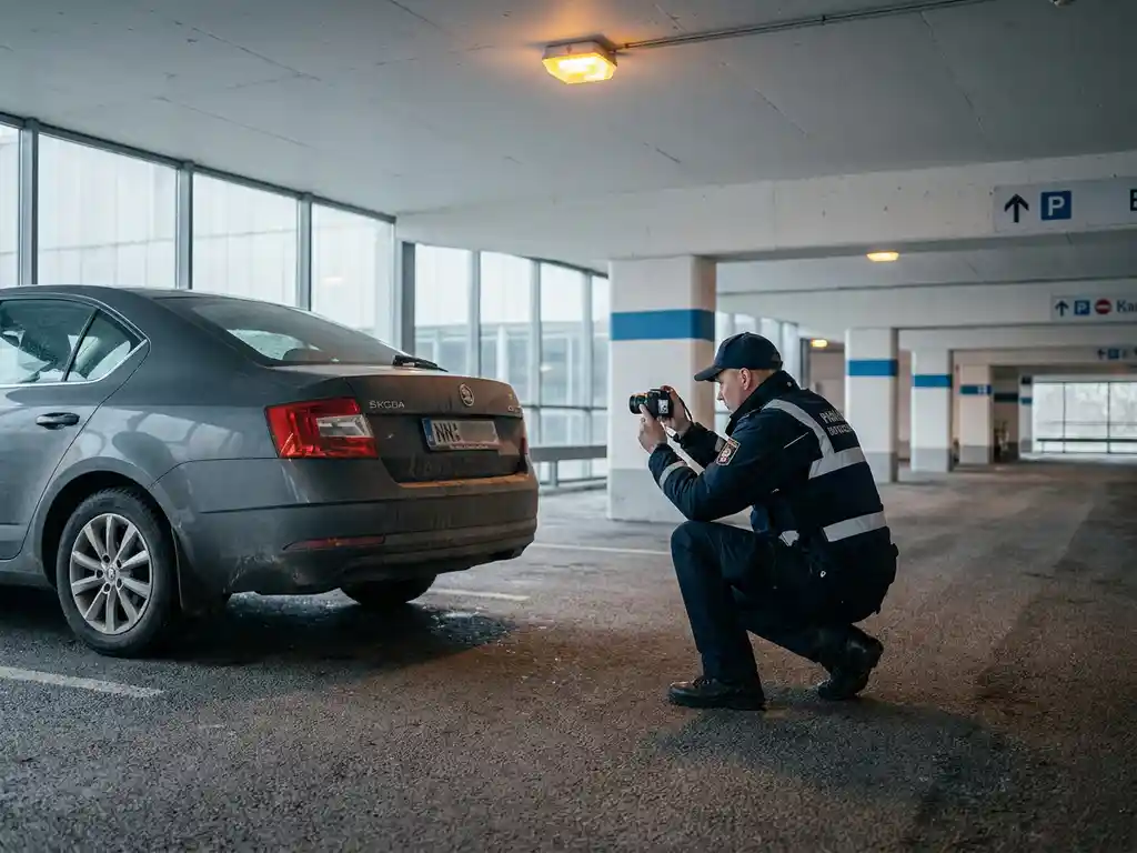 Uniformierter Kontrolleur fotografiert ausländisches Kennzeichen in europäischem Parkhaus mit Betonpfeilern und Beschilderung.