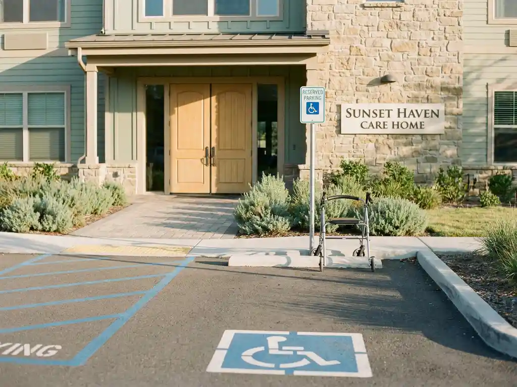 Barrierefreier Parkplatz vor einem Pflegeheim-Eingang mit Rollator, gepflegtem Weg und einladender Doppeltür im Nachmittagslicht.