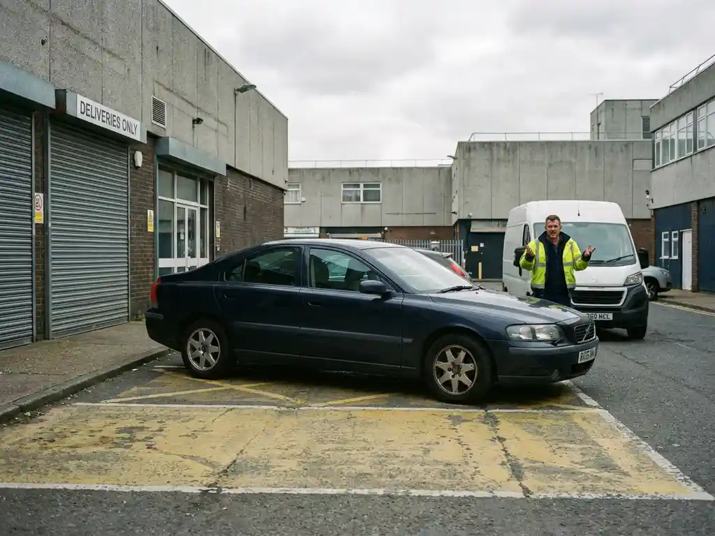 Falsch geparktes Auto blockiert diagonal zwei Parkbuchten und einen Geschäftseingang, frustrierter Lieferfahrer steht neben seinem Transporter.