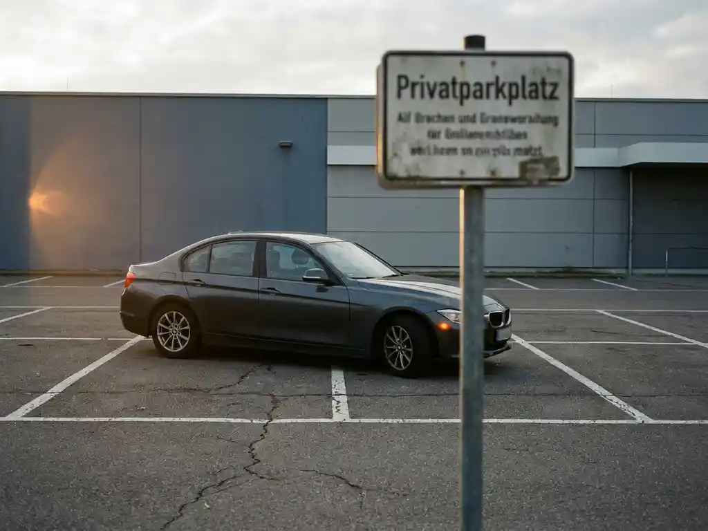 Auto parkt schräg über zwei reservierte Stellplätze auf einem Privatparkplatz mit verblassten Markierungen.