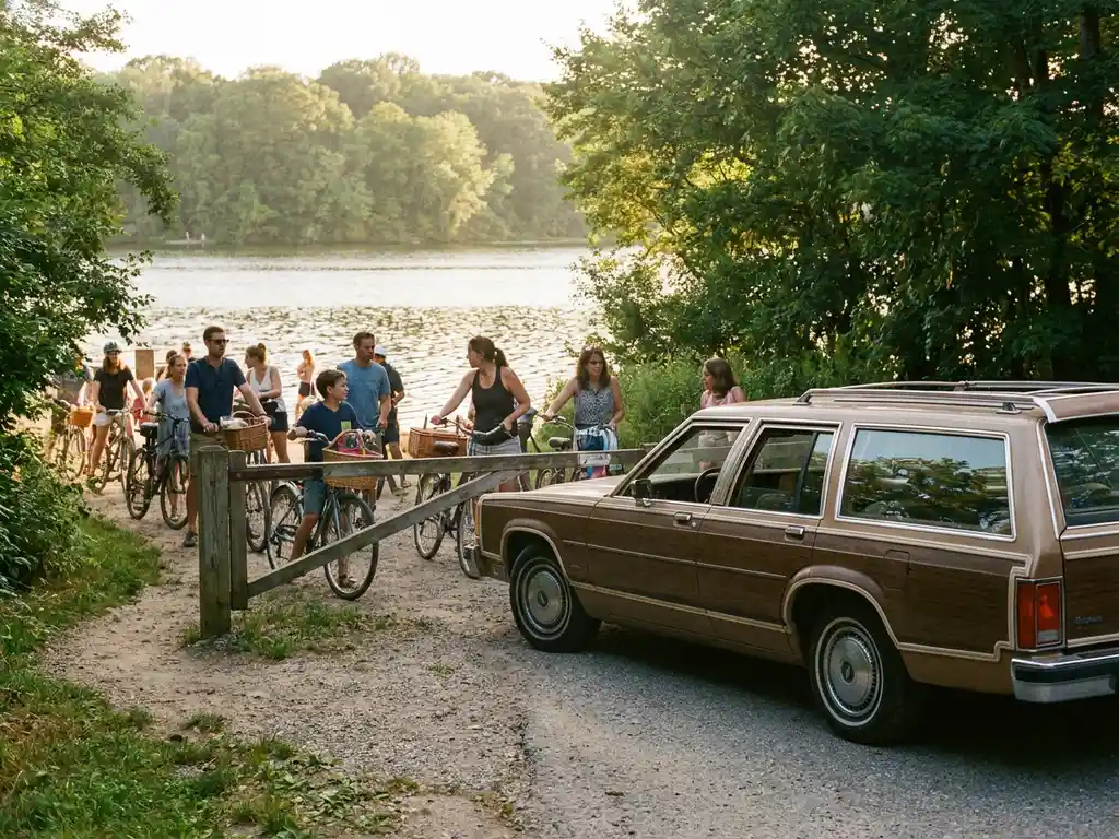 Auto blockiert Schranke auf Kiesweg am See, Familien mit Fahrrädern warten dahinter, Sommernachmittag mit goldenem Licht.