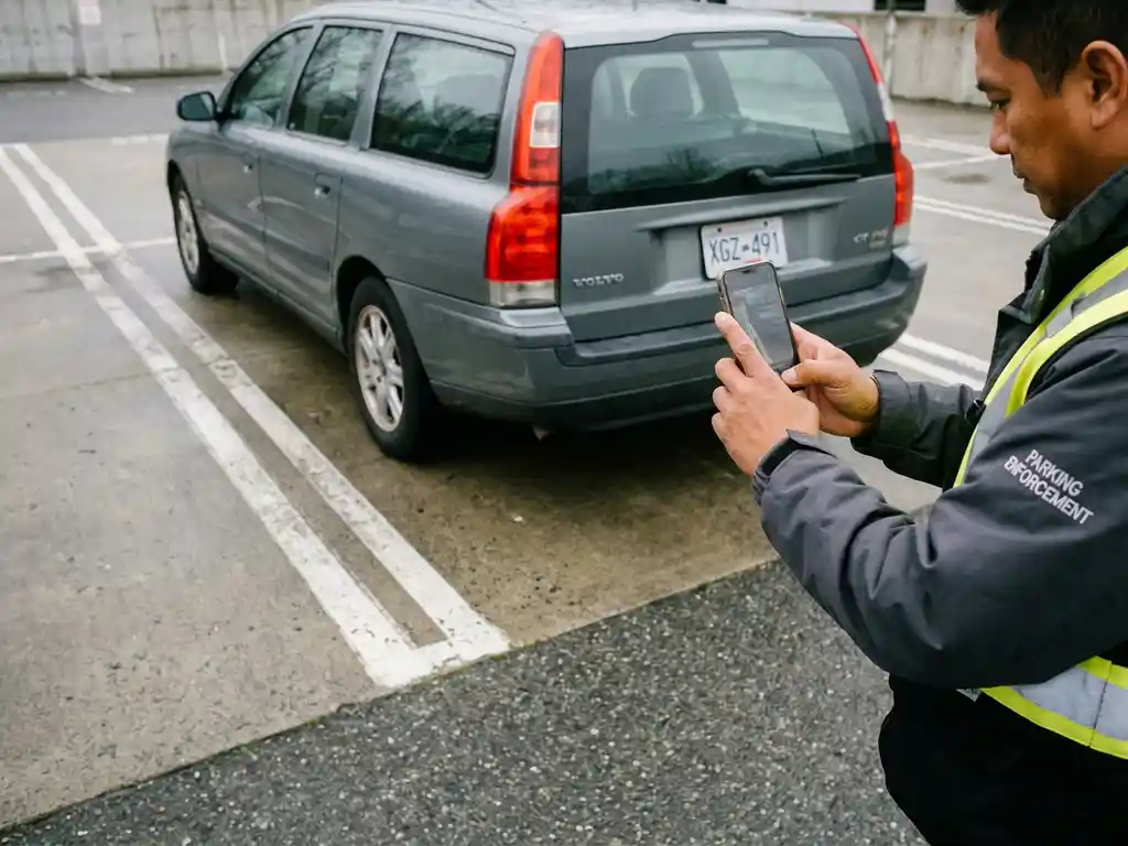 Parkwächter fotografiert Kennzeichen eines falsch geparkten Autos mit Smartphone auf privatem Parkplatz.
