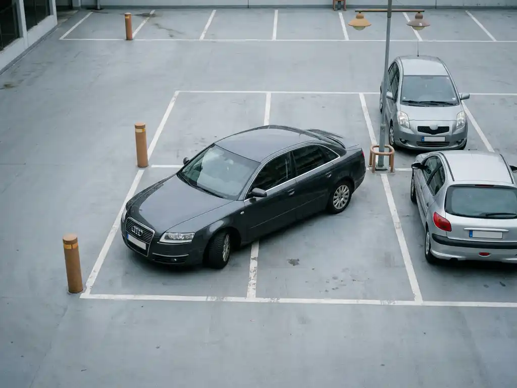 Auto parkt schräg über zwei Parkbuchten, überschreitet die weiße Markierungslinie, daneben ein korrekt geparktes Fahrzeug.