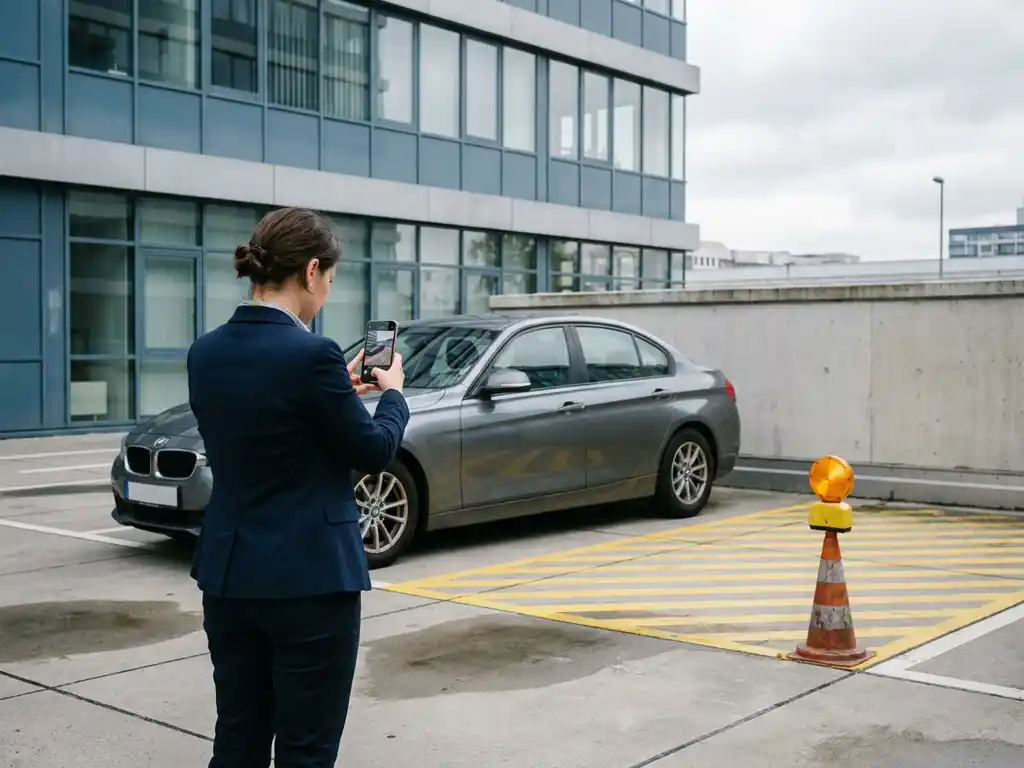 Hausverwalter fotografiert falsch geparkten Silbersedan auf privatem Berliner Firmenparkplatz mit Smartphone, Bürogebäude im Hintergrund.