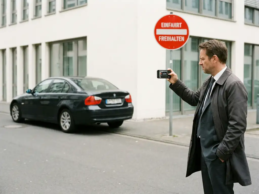 Geschäftsmann in Berufskleidung fotografiert mit Smartphone ein falsch geparktes Auto, das eine Einfahrt in Köln blockiert.