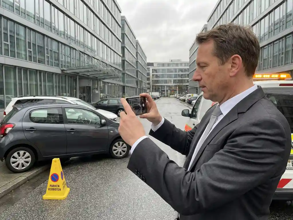 Hausverwalter im Anzug fotografiert Falschparker auf privatem Firmengelände in Hamburg mit dem Smartphone.