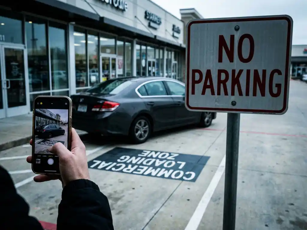 Smartphone fotografiert falsch geparktes Auto in einem Halteverbot mit rotem Verbotsschild im Hintergrund.