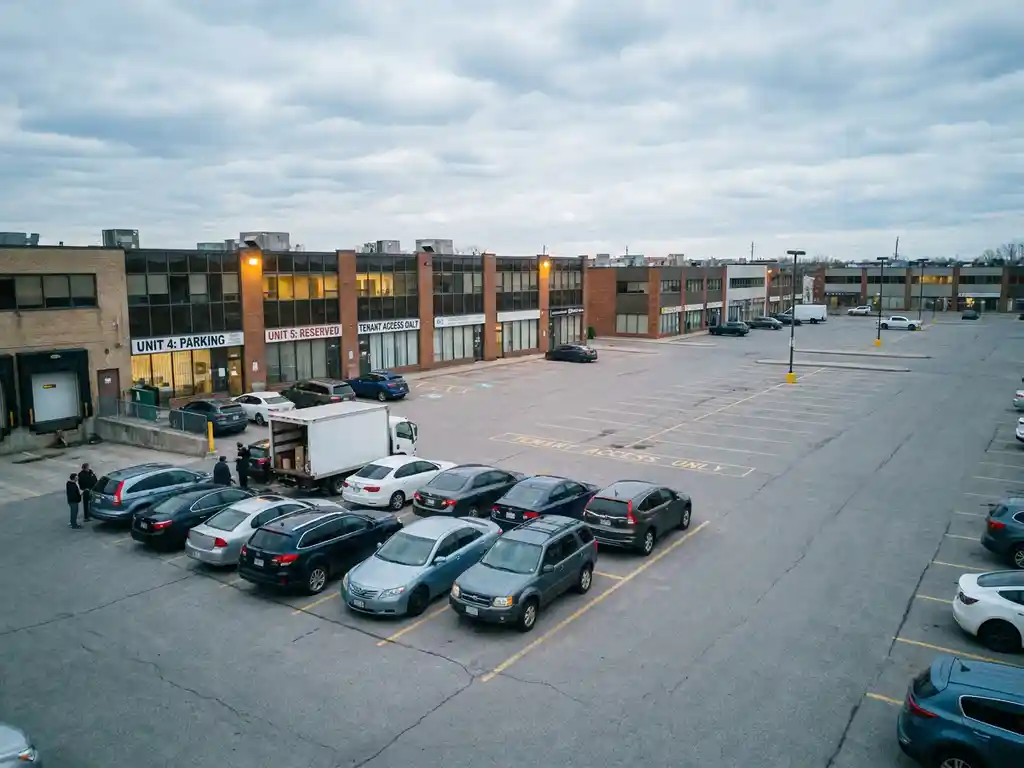 Überfüllter Parkplatz eines Gewerbegebiets mit besetzten Ladezonen und leerem Bereich im Hintergrund unter bedecktem Himmel.