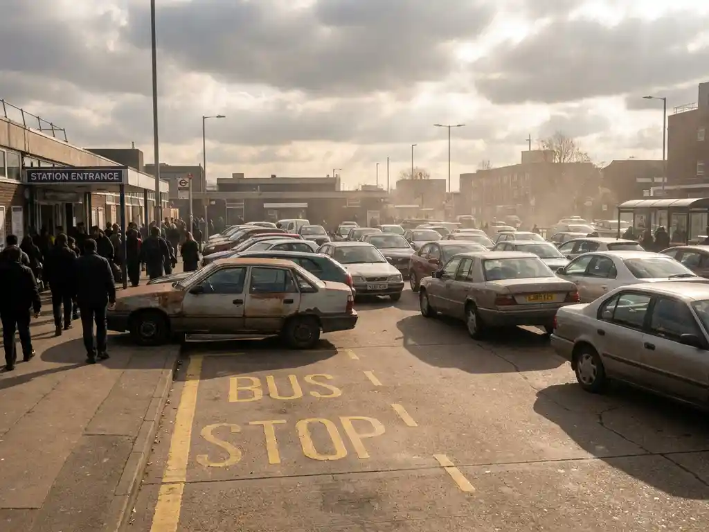 Chaotischer Bahnhofsvorplatz mit illegal geparkten Autos, die eine Bushaltestelle blockieren, ein Fahrzeug halb auf dem Gehsteig.