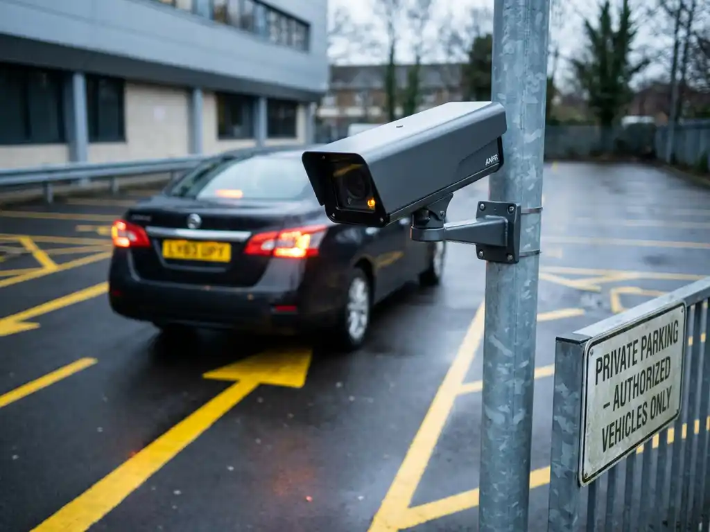 ANPR-Kamera auf Metallpfosten erfasst Kennzeichen eines einfahrenden Autos in privatem Parkplatz mit gelben Fahrbahnmarkierungen.