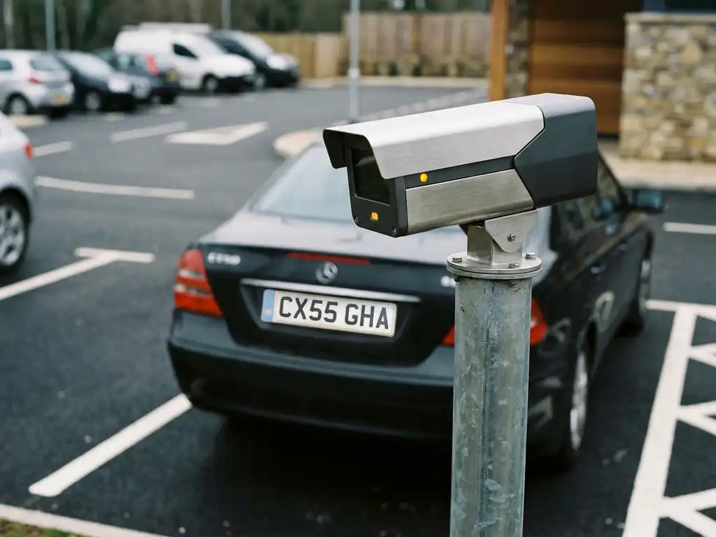 ANPR-Kamera auf Metallpfosten erfasst Fahrzeugkennzeichen in modernem Parkhaus mit weißen Markierungen.