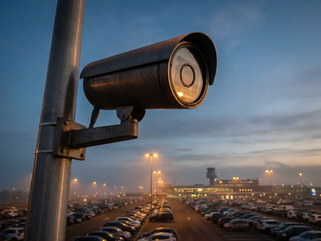 Automatische Kennzeichenerkennungskamera auf Mast über Flughafenparkplatz bei Dämmerung, goldenes Abendlicht.