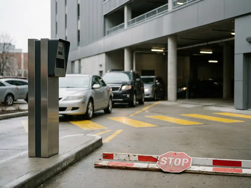 Kennzeichenerkennungssystem an moderner Parkhaus-Einfahrt ersetzt Schranke, Autos fahren frei durch, gelbe Fahrbahnmarkierungen.