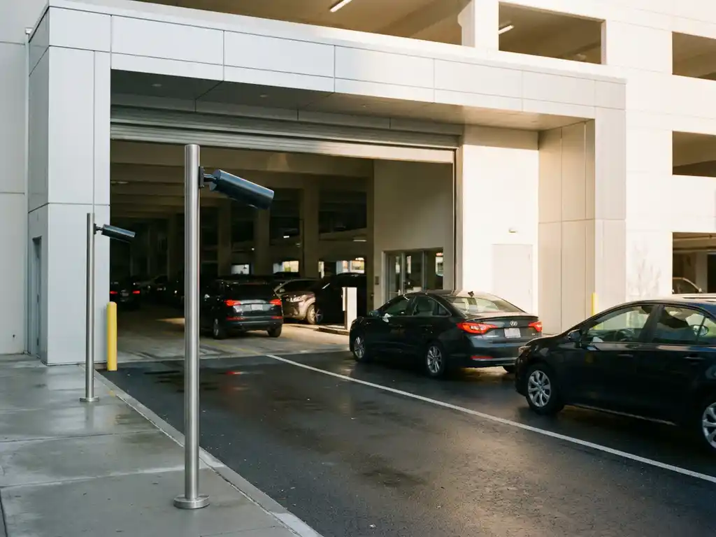 Schrankenloser Parkplatzeingang mit Kennzeichenerkennungskamera auf schmalem Mast, Fahrzeuge fahren frei in modernes Stadtparkhaus.