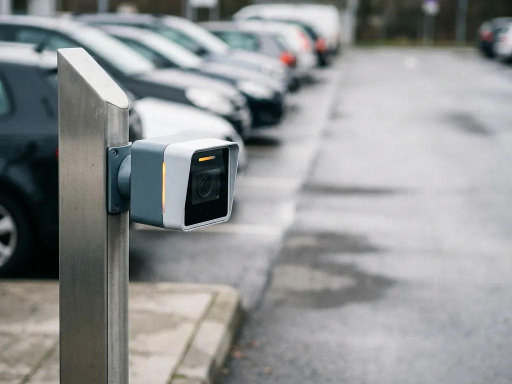 Kennzeichenerkennungskamera auf Parkplatzsäule scannt eine Reihe geparkter Fahrzeuge bei bedecktem Tageslicht.