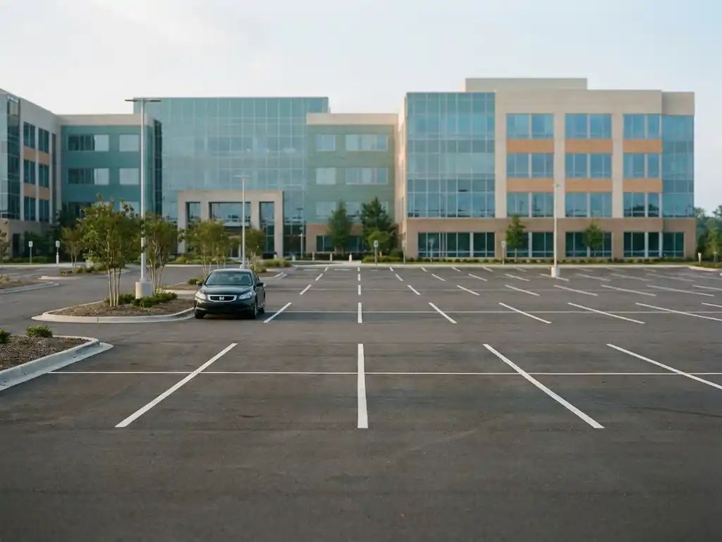 Weitgehend leerer Firmenparkplatz mit vereinzeltem Auto vor modernem Bürokomplex an einem sonnigen Werktag.