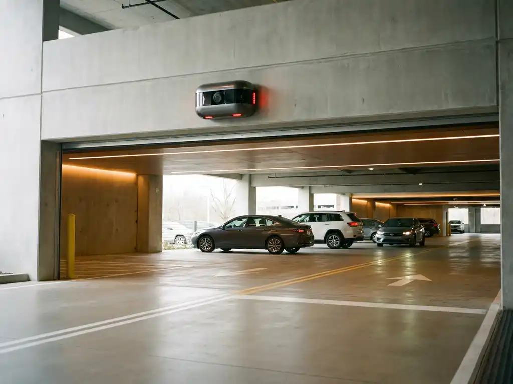 Modernes Parkhaus mit offenem Eingang, Kennzeichenerkennungskamera über der Einfahrt und einfahrenden Fahrzeugen im Tageslicht.