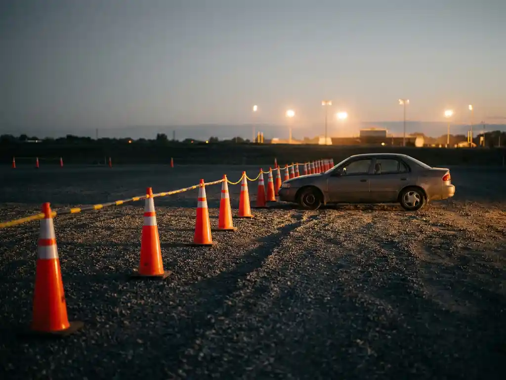 Falsch geparktes Auto außerhalb eines abgesperrten Veranstaltungsparkplatzes bei Dämmerung, orangefarbene Pylonen, Stadionlichter im Hintergrund.