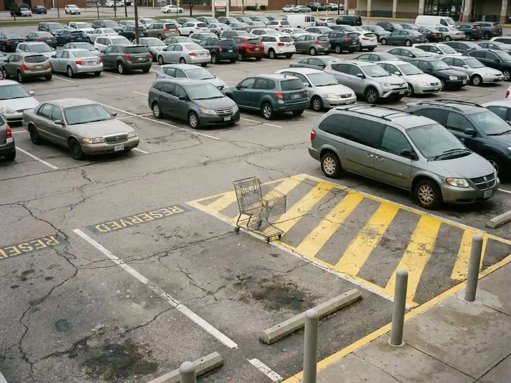 Überfüllter Discounter-Parkplatz mit falsch geparkten Autos, verblassten Markierungen und einem Einkaufswagen im Behindertenparkplatz.