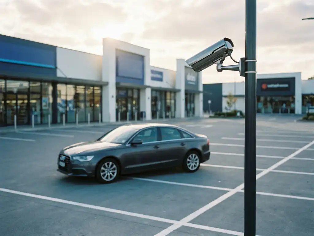 Falsch geparktes Auto auf zwei Stellplätzen in einem Einkaufszentrum-Parkplatz, Überwachungskamera auf Mast, Geschäfte im Hintergrund.