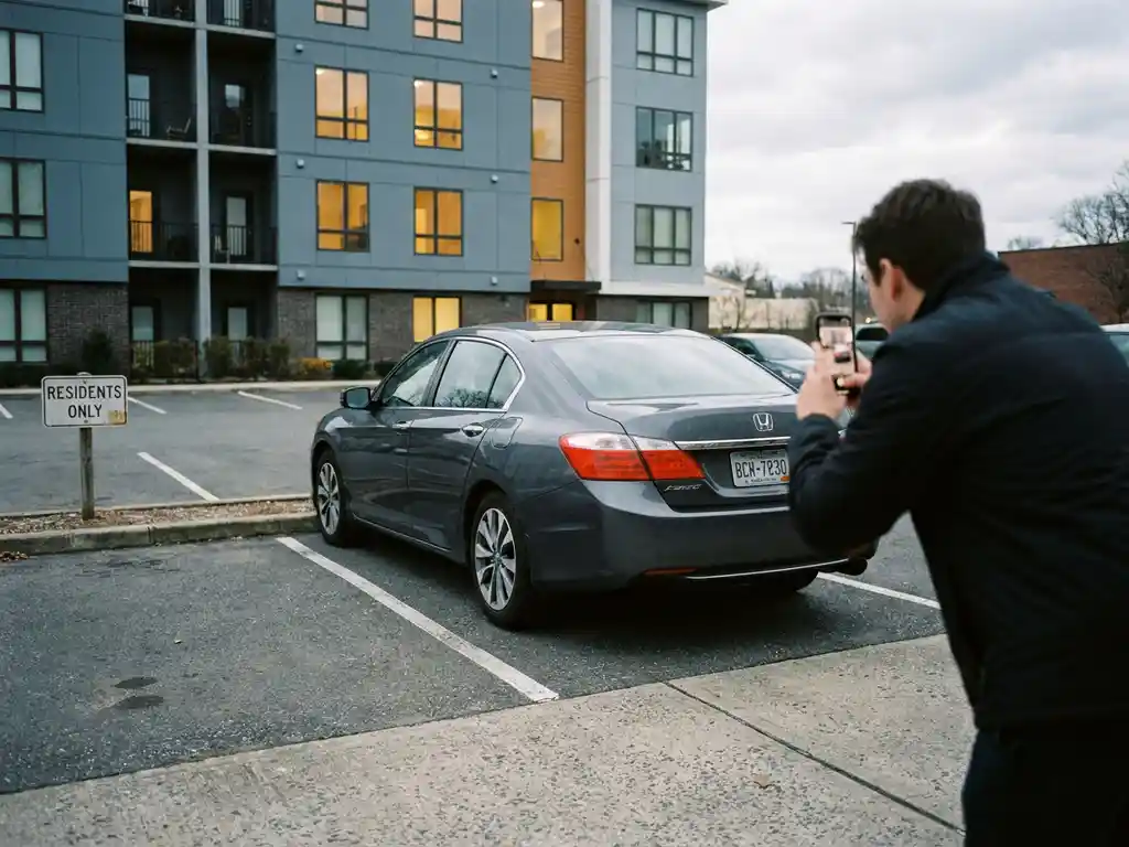 Hausverwalterin fotografiert Kennzeichen eines falsch geparkten Autos in einem Bewohnerparkplatz vor modernem Apartmentgebäude.