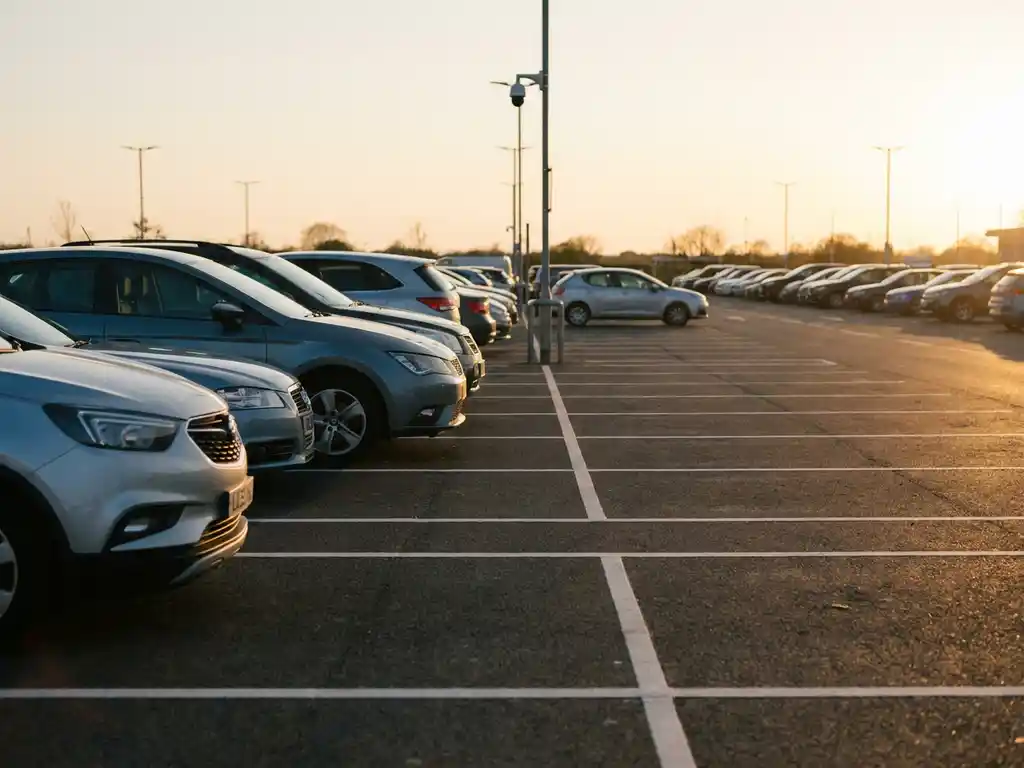 Belebter Parkplatz mit weißen Markierungen und Überwachungskamera auf modernem Mast im goldenen Abendlicht.