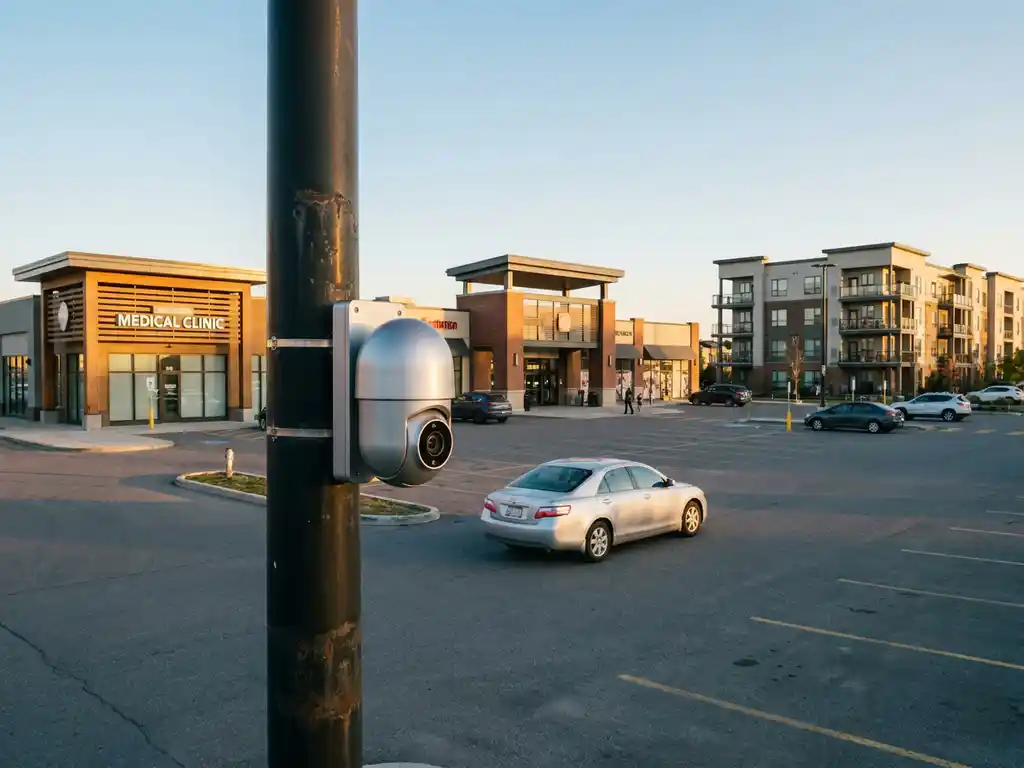 Parkplatz mit Kennzeichenerkennungskamera vor Einkaufszentrum, Arztpraxis und Wohngebäude im goldenen Abendlicht.
