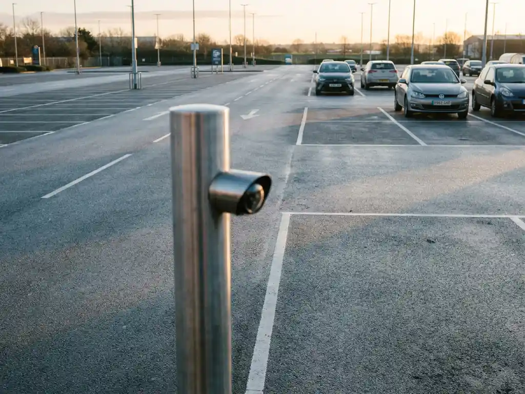 Kennzeichenerkennungskamera auf schlankem Mast in einem leeren Parkplatz mit weißen Markierungen im Morgenlicht.