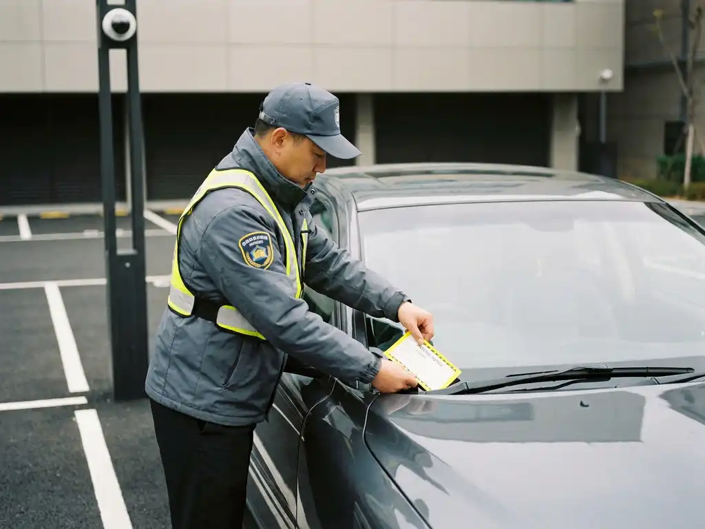 Parkraumkontrolleur befestigt Parkschein an Windschutzscheibe in modernem Privatparkplatz mit Überwachungskamera im Hintergrund.
