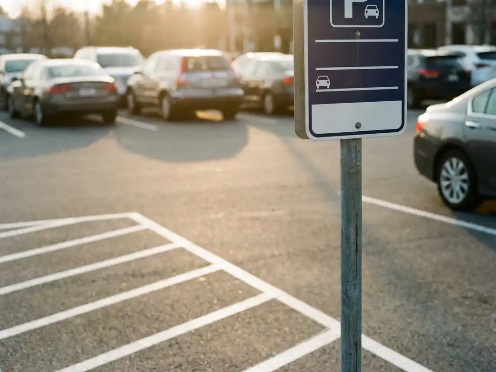 Parkregulierungsschild an einem Metallpfahl in einem Firmenparkplatz mit frisch markierter Parkbucht und geparkten Autos im Hintergrund.