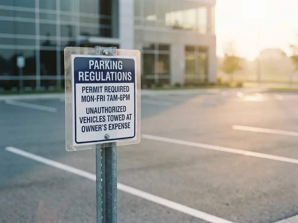 Laminiertes Parkverbotsschild auf Metallpfosten in leerem Gewerbeparkplatz mit modernem Bürogebäude im Hintergrund.