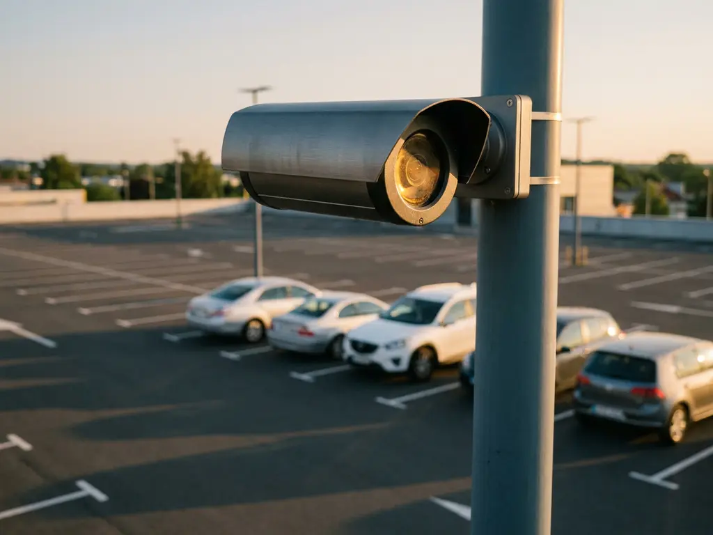Überwachungskamera an einem Parkplatzeingang scannt Fahrzeuge in markierten Stellplätzen im goldenen Abendlicht.