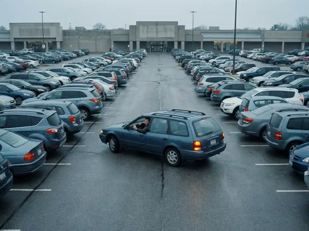 Frustrierter Autofahrer kreist in überfülltem Parkplatz eines Einkaufszentrums unter bedecktem Himmel.