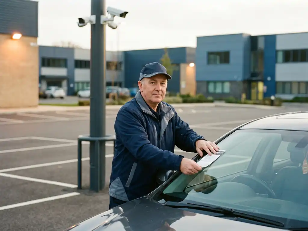 Parkplatzmanager in Uniform befestigt offizielle Benachrichtigung an Windschutzscheibe, Überwachungskamera im Hintergrund.