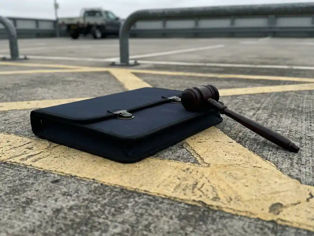 Holzhammer und offizielles Dokumentenmappe auf gelbem Parkplatzmarkierung, Schranke im Hintergrund unscharf.