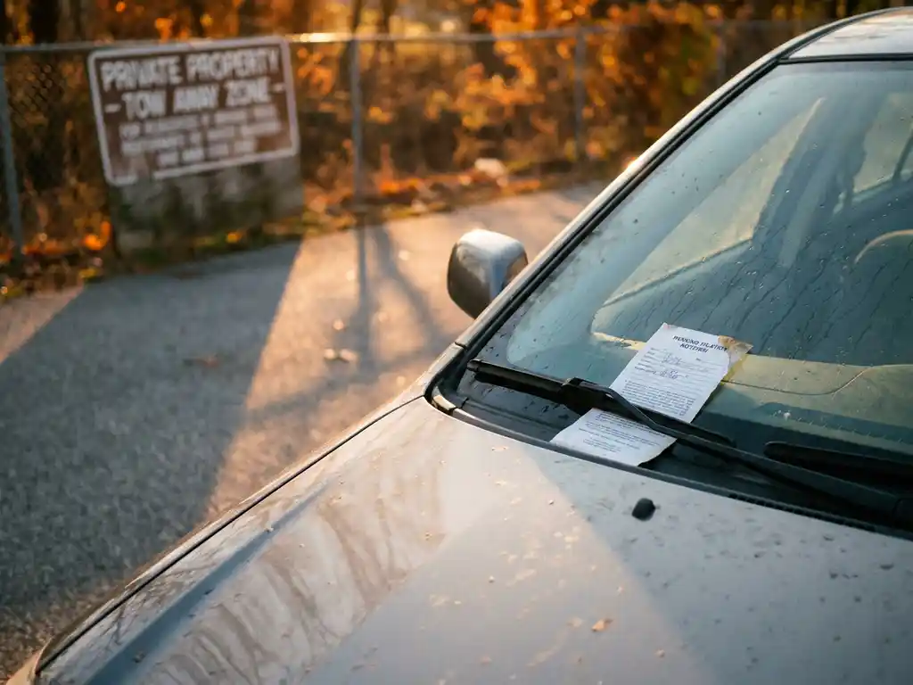 Knöllchen unter Scheibenwischer auf privatem Parkplatz, Hinweisschild im unscharfen Hintergrund, warmes Herbstlicht.