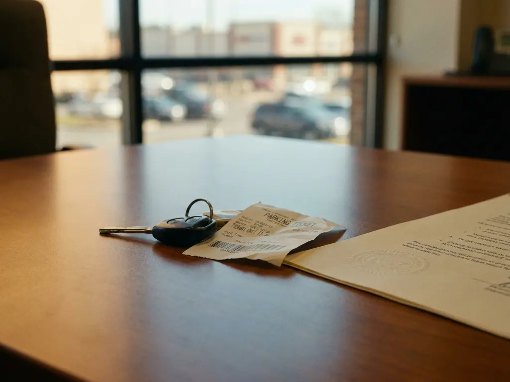 Autoschlüssel und Parkticket liegen auf einem Gerichtsdokument, im Hintergrund ein verschwommener Parkplatz durch ein Bürofenster.
