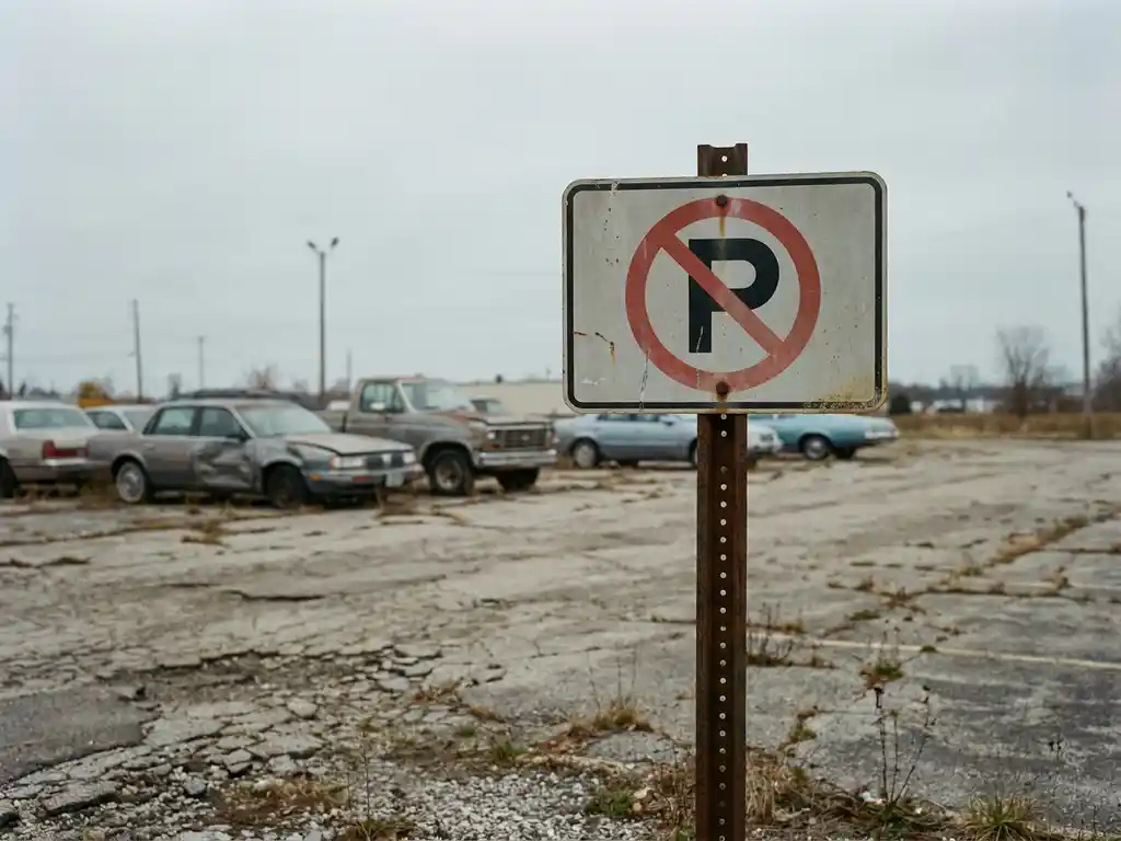 Verwittertes Parkverbotsschild auf halbem privatem Parkplatz mit rissigem Asphalt und unordentlich geparkten Autos im Hintergrund.