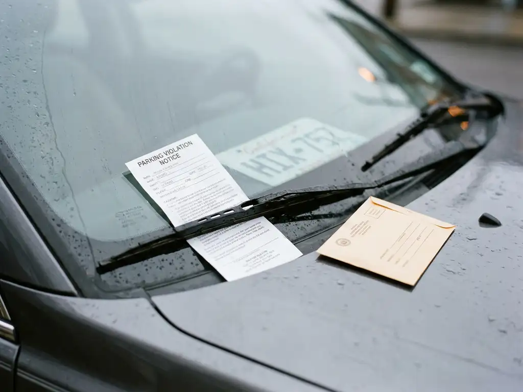 Knöllchen unter Scheibenwischer eines Autos auf privatem Parkplatz, daneben ein offizieller Umschlag auf der Motorhaube.