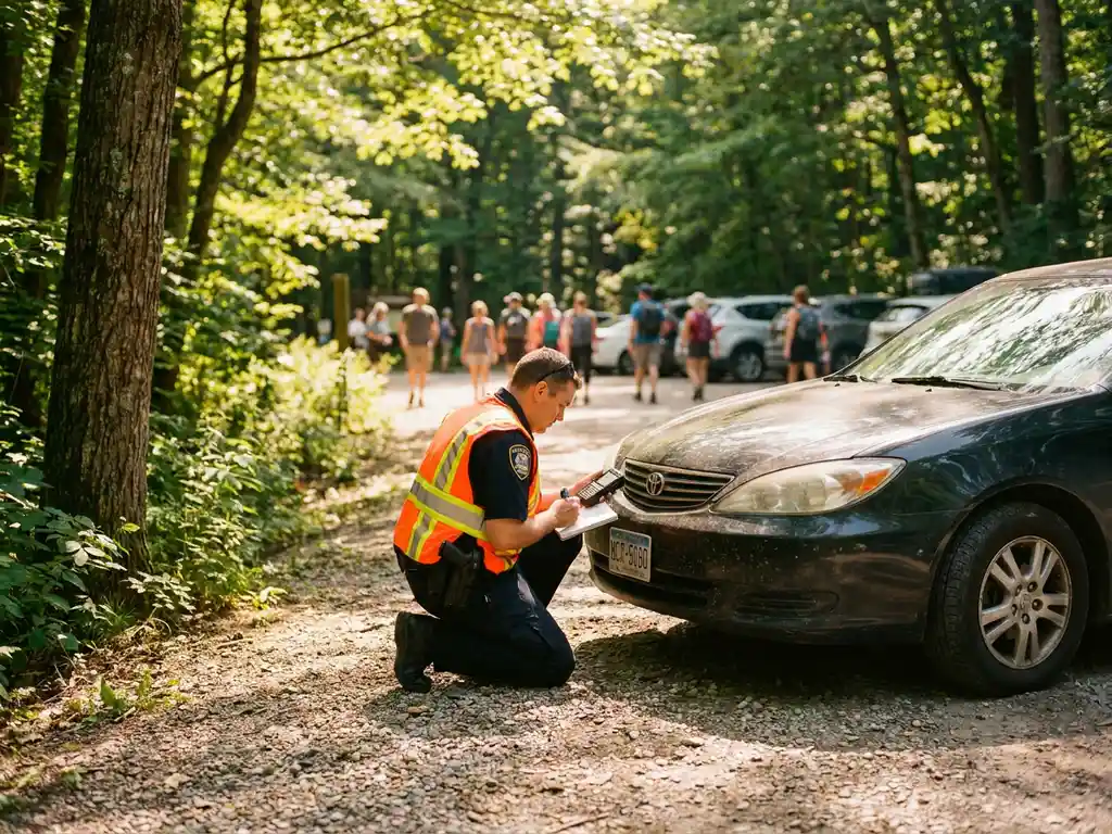 Parkwächter in Warnweste dokumentiert Falschparker auf Schotterweg am Rand eines grünen Waldschutzgebiets bei Mittagssonne.