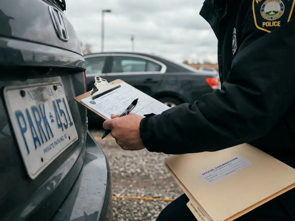 Parkwächter in Uniform dokumentiert ein Kfz-Kennzeichen auf einem Klemmbrett in einem privaten Parkplatz.
